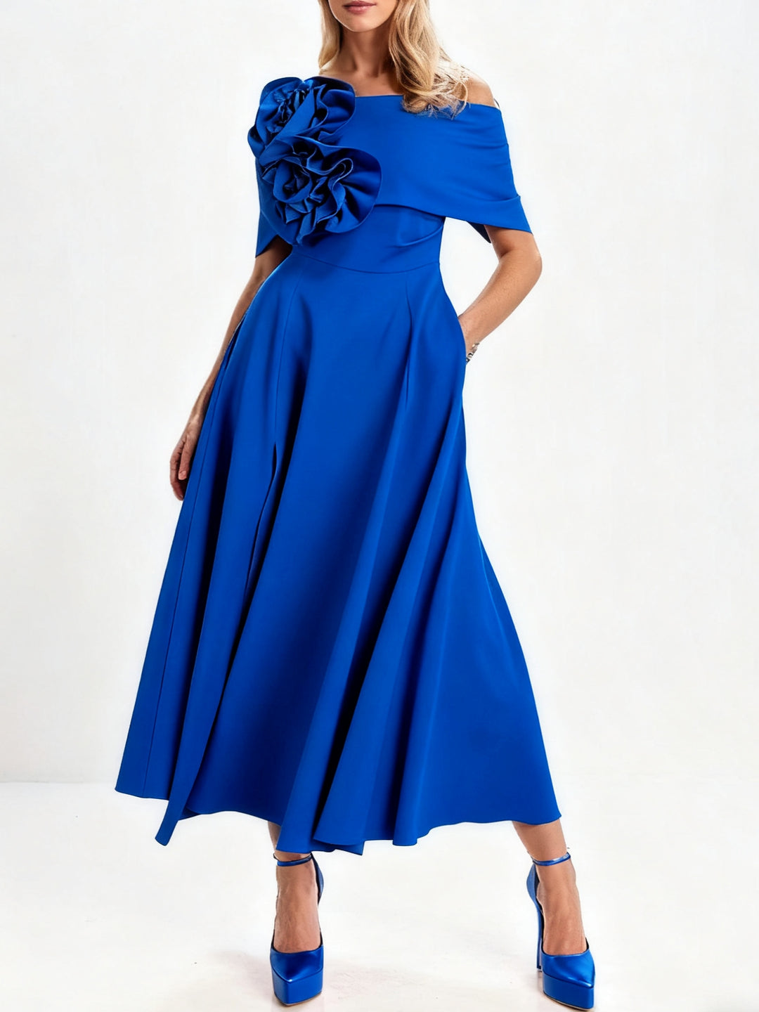 A-Line/Princess Off-the-Shoulder Tea-Length Mother of the Bride Dresses with 3D Flowers