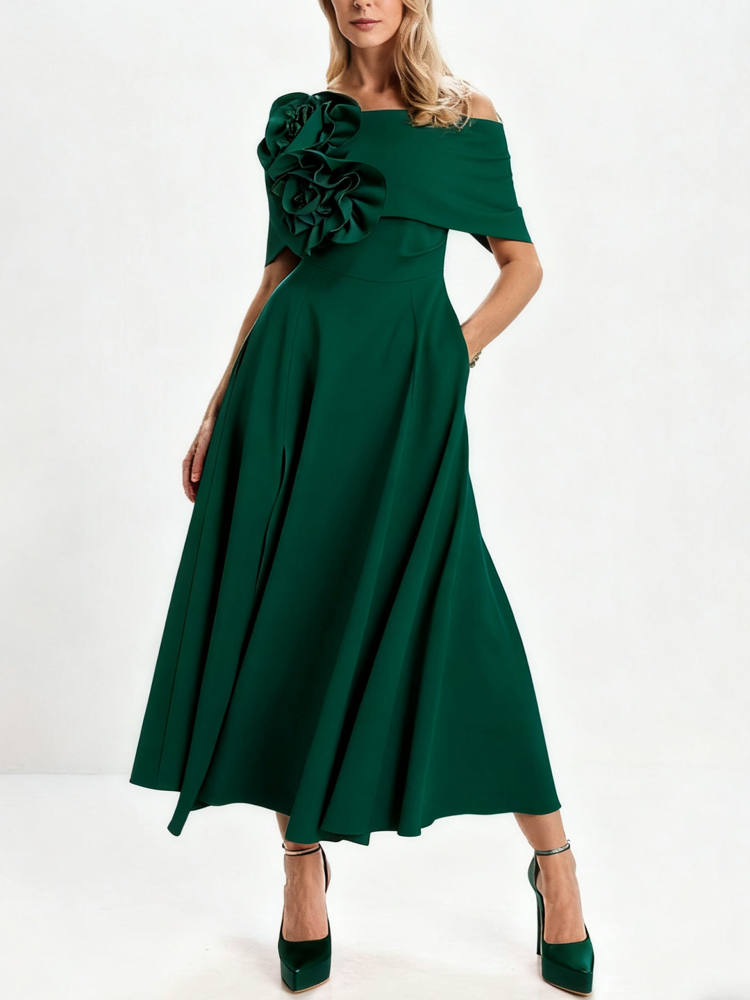 A-Line/Princess Off-the-Shoulder Tea-Length Mother of the Bride Dresses with 3D Flowers