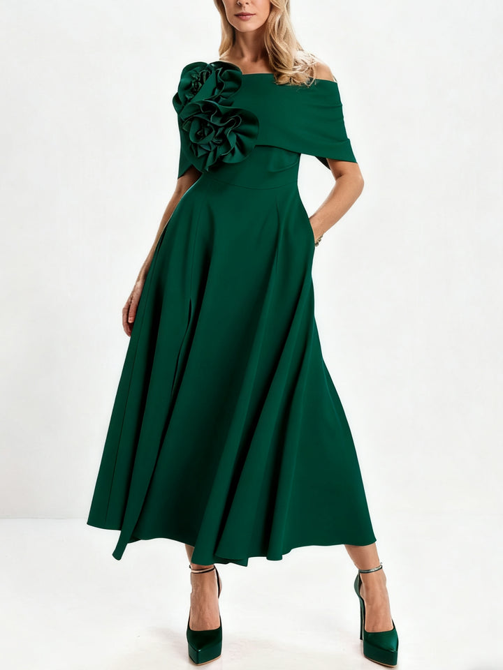 A-Line/Princess Off-the-Shoulder Tea-Length Mother of the Bride Dresses with 3D Flowers