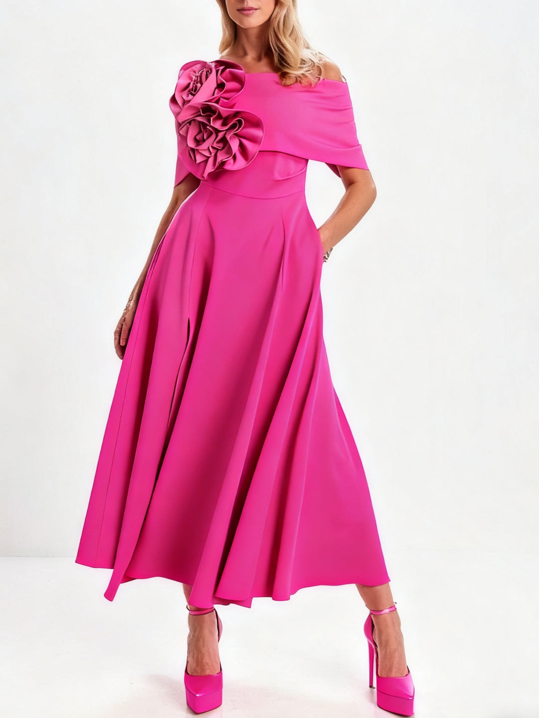 A-Line/Princess Off-the-Shoulder Tea-Length Mother of the Bride Dresses with 3D Flowers