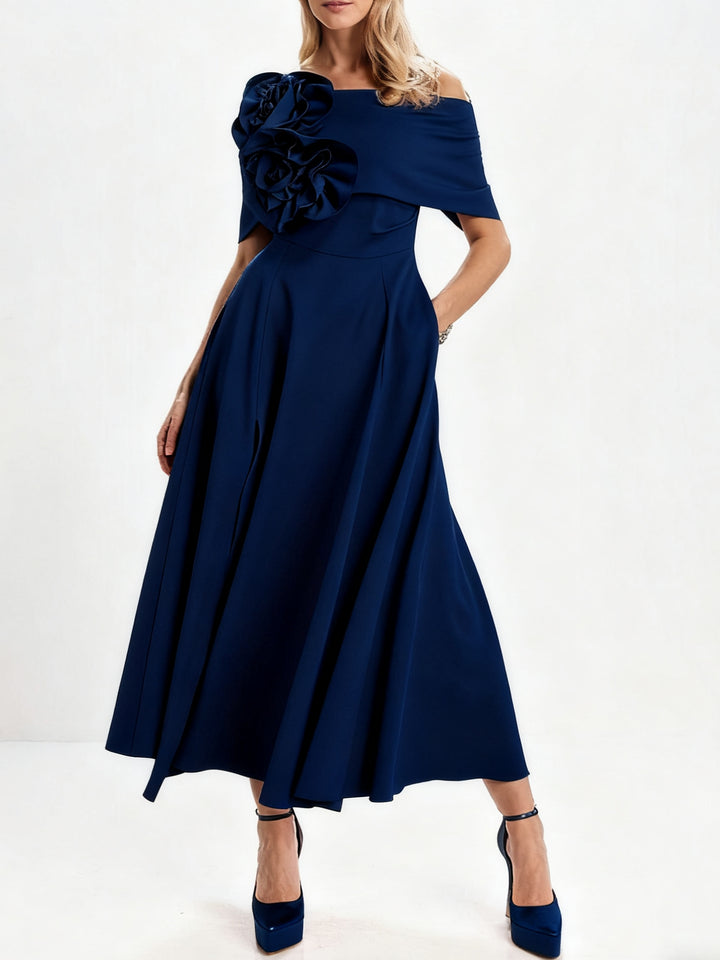 A-Line/Princess Off-the-Shoulder Tea-Length Mother of the Bride Dresses with 3D Flowers