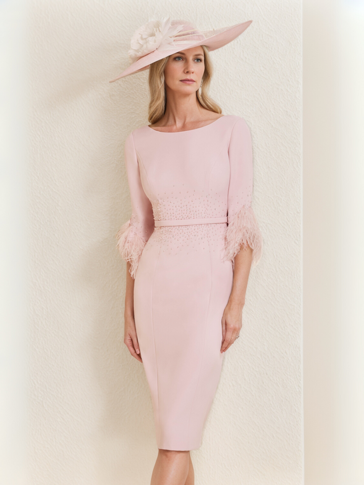 Sheath/Column Scoop Tea-Length Mother of the Bride Dresses with Feather