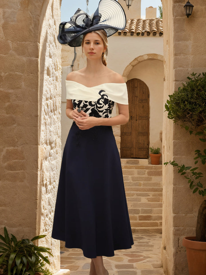 A Line/Princess One-Shoulder Short Sleeves Tea-Length Mother of the Bride Dresses With Lace & Pocket