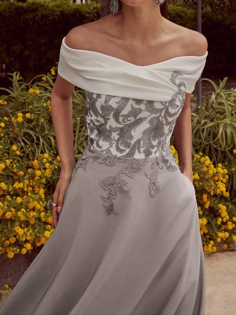 A Line/Princess One-Shoulder Short Sleeves Tea-Length Mother of the Bride Dresses With Lace & Pocket