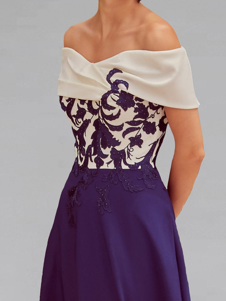 A Line/Princess One-Shoulder Short Sleeves Tea-Length Mother of the Bride Dresses With Lace & Pocket
