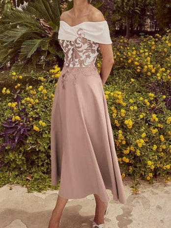 A Line/Princess One-Shoulder Short Sleeves Tea-Length Mother of the Bride Dresses With Lace & Pocket