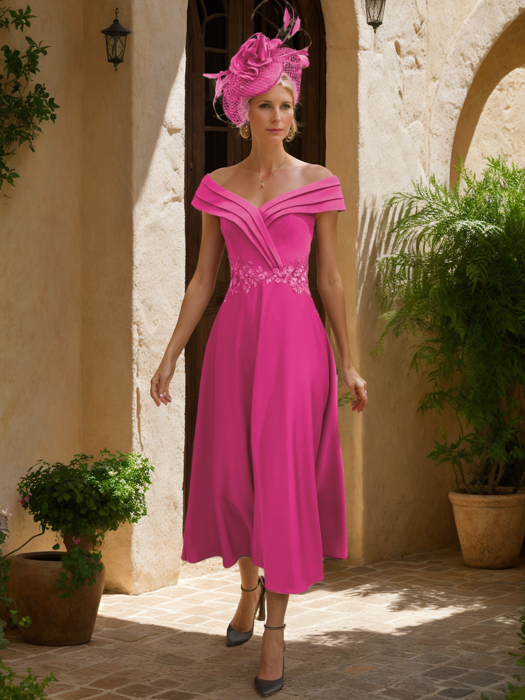 A-Line/Princess V-Neck Tea-Length Mother of the Bride Dresses with Lace Appliques