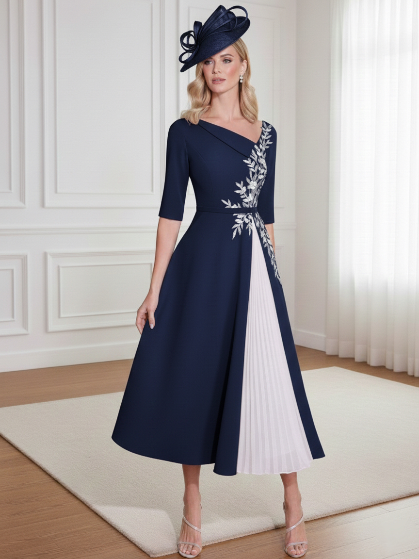 A-Line/Princess V-Neck 3/4 Flared Sleeves Tea-Length Mother of the Bride Dresses with Sequins Mesh main image 0