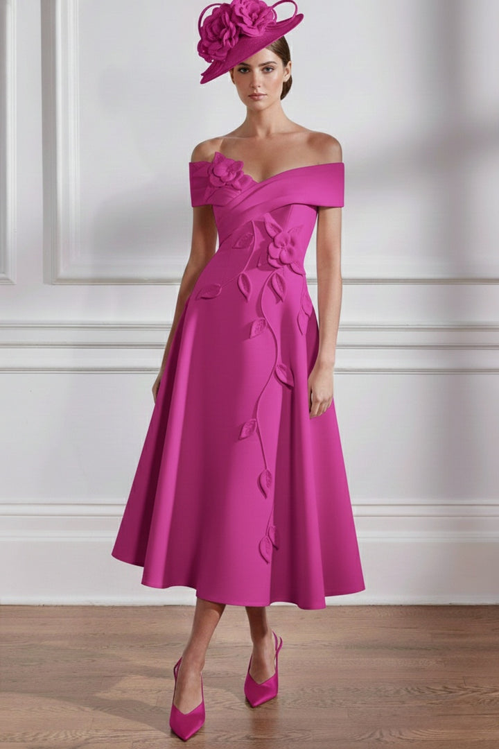 A-Line/Princess Off-the-shoulder Tea-Length Mother of the Bride Dresses with 3D Flowers