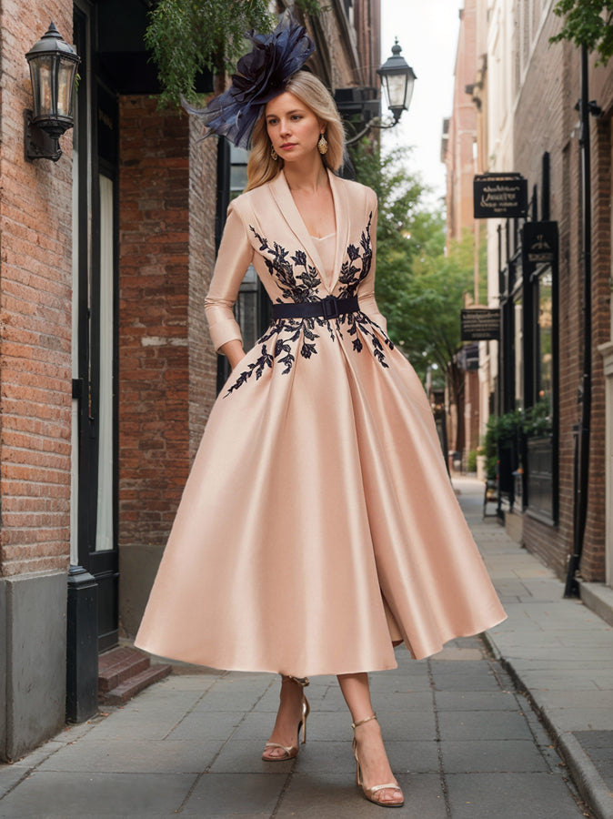 A-Line/Princess Plunge V-Neck 3/4 Sleeves Ankle-Length Pleated Mother of the Bride Dresses with Appliques & Belt