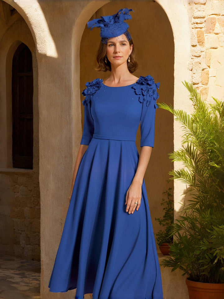 A-Line/Princess Scoop Tea-Length Chic Mother of the Bride Dresses with 3D Flower