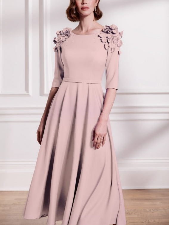 A-Line/Princess Scoop Tea-Length Chic Mother of the Bride Dresses with 3D Flower