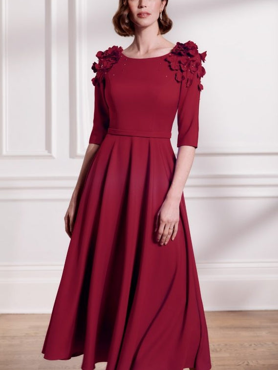 A-Line/Princess Scoop Tea-Length Chic Mother of the Bride Dresses with 3D Flower