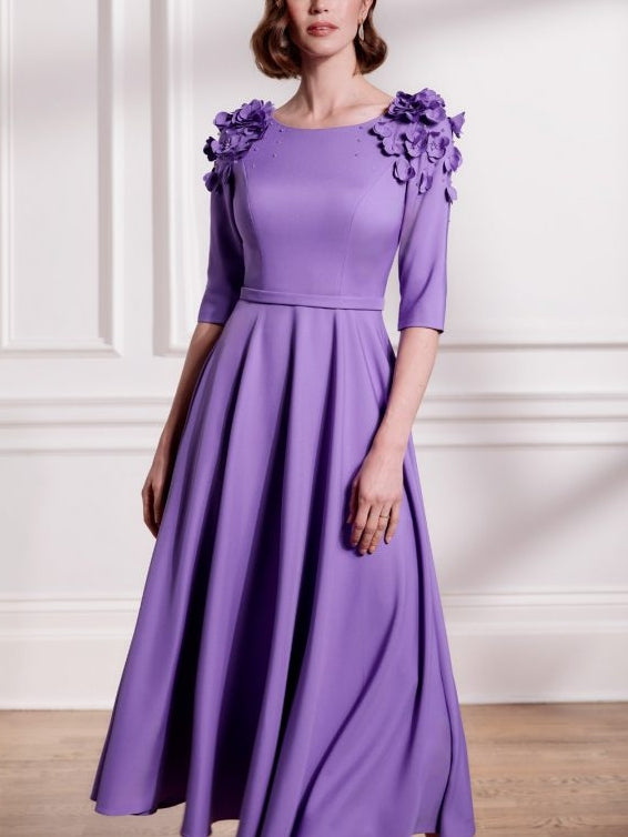 A-Line/Princess Scoop Tea-Length Chic Mother of the Bride Dresses with 3D Flower