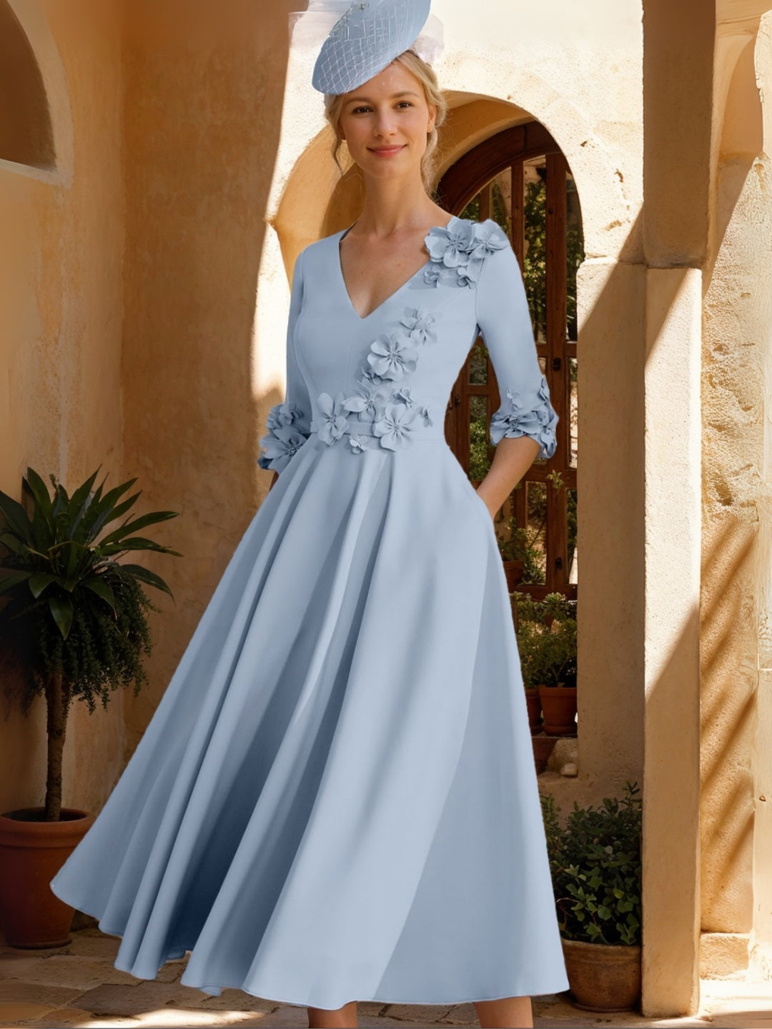A-Line/Princess V-Neck Tea-Length Mother of the Bride Dresses with 3D Flowers