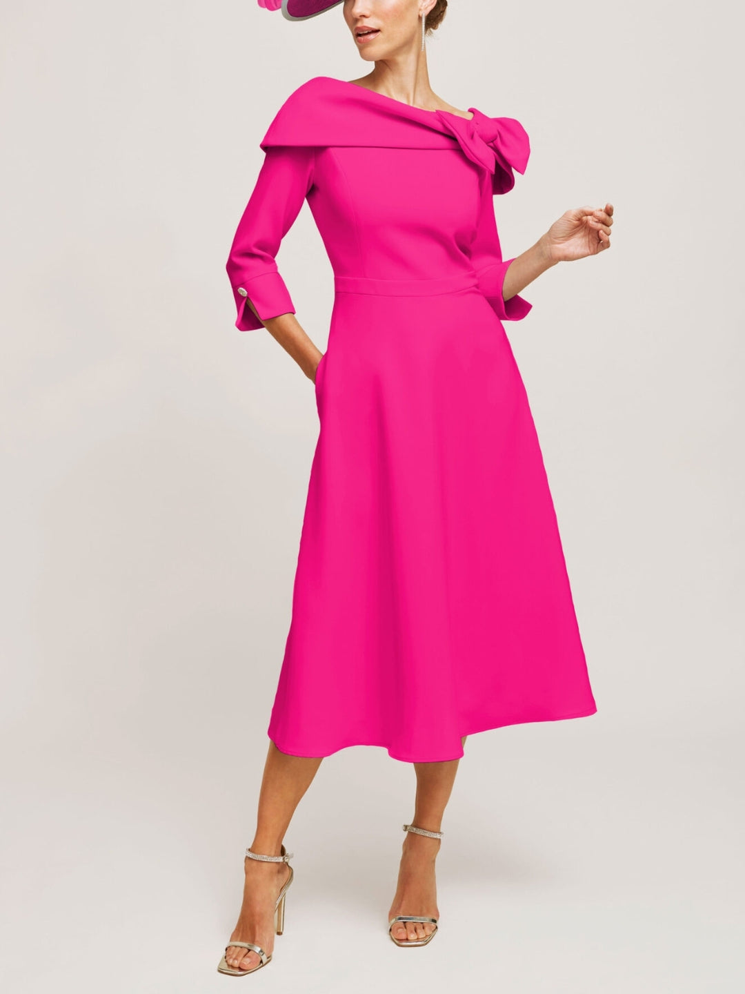 A-Line/Princess Cowl Neck 3/4 Sleeves Tea-Length Elegant Mother of the Bride  & Groom Dresses with Bowknot