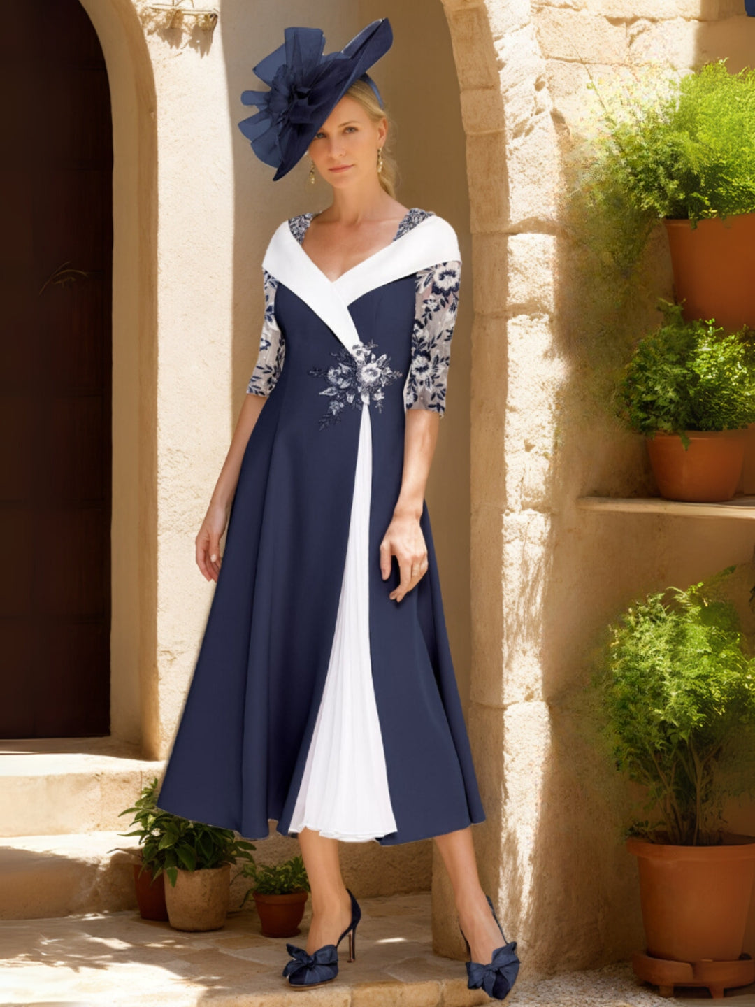 A-Line/Princess Half Sleeves Tea-Length Mother of the Bride Dresses with Ruffles & Appliques