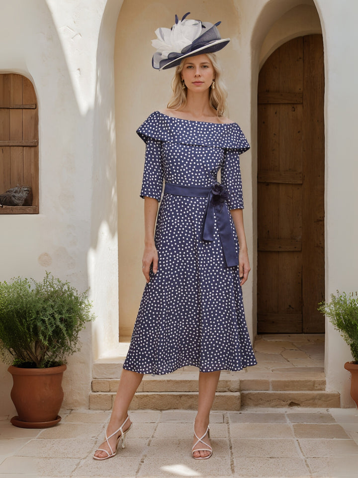 A-Line/Princess Off-the-Shoulder Bardot Tea-Length Mother of the Bride Dresses with Sash