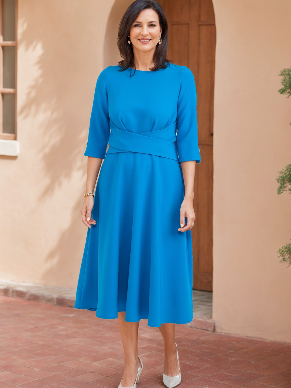A-Line/Princess Scoop Neck 3/4 Sleeves Tea-Length Mother of the Bride Dresses with Ruffles