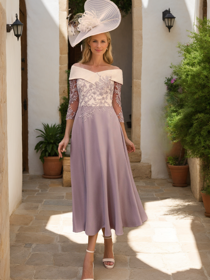 A Line/Princess Off-the-Shoulder 3/4 Sleeves Tea-Length Mother of the Bride Dresses With Lace