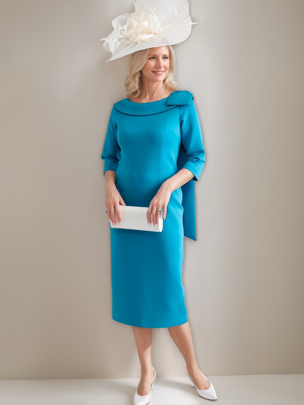 Sheath/Column Bow Neck 3/4 Sleeves Tea-Length Mother of the Bride Dresses