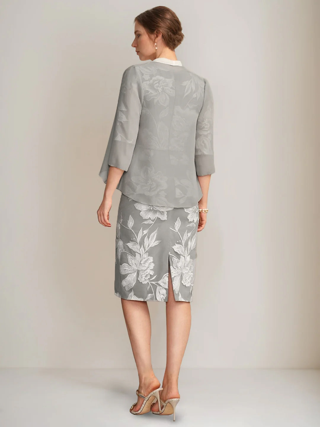 Sheath/Column V-Neck Half Sleeves Knee-Length Beading Mother of the Bride Dresses with Floral Embroidery & Appliques & Jacket