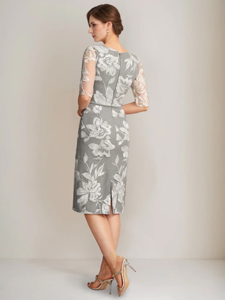 Sheath/Column V-Neck Half Sleeves Knee-Length Beading Mother of the Bride Dresses with Floral Embroidery & Appliques & Jacket