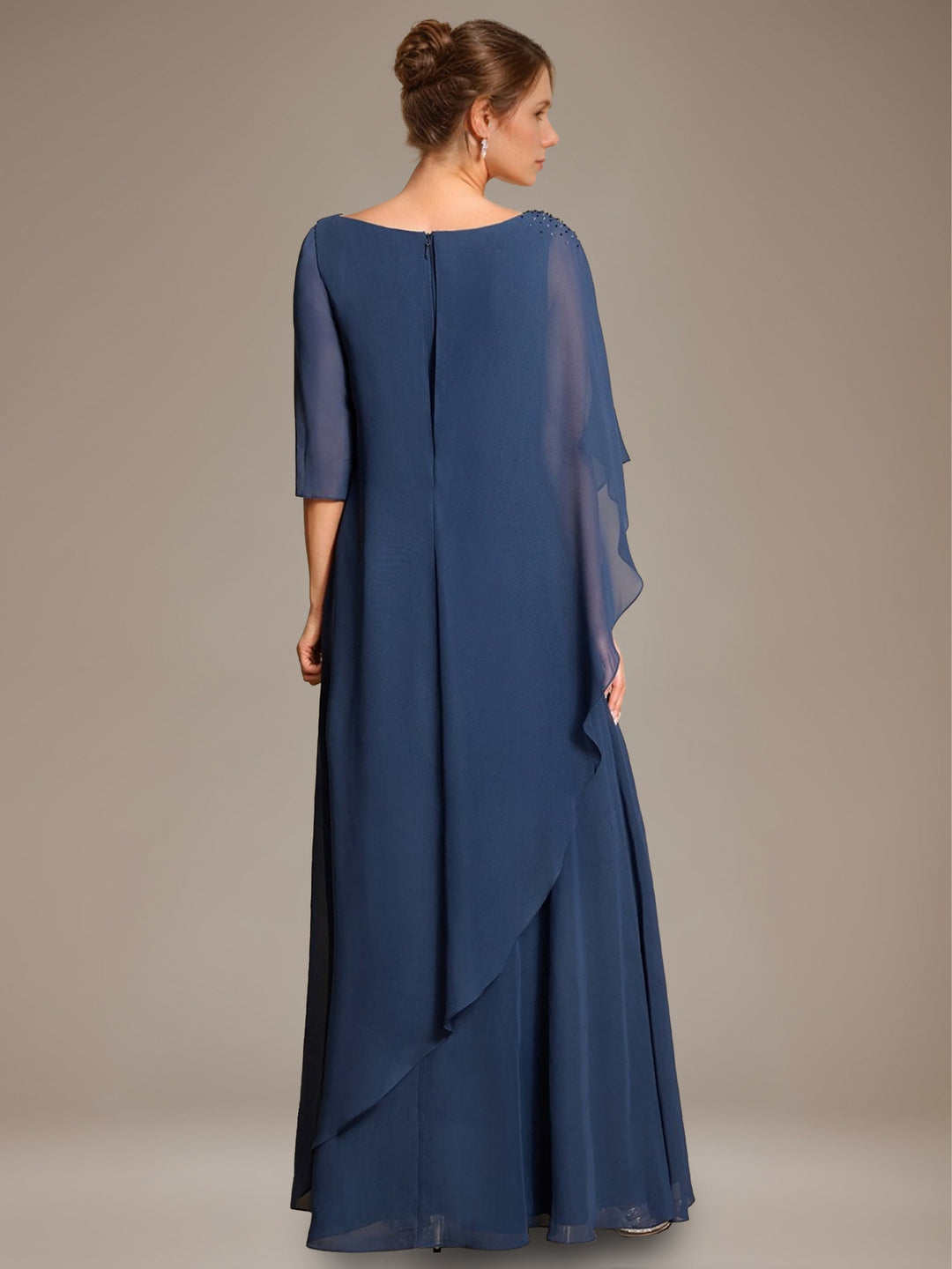 A-Line/Princess Scoop Cape Sleeves Floor-Length Pleated Mother of the Bride Dress with Beads & Ruffles