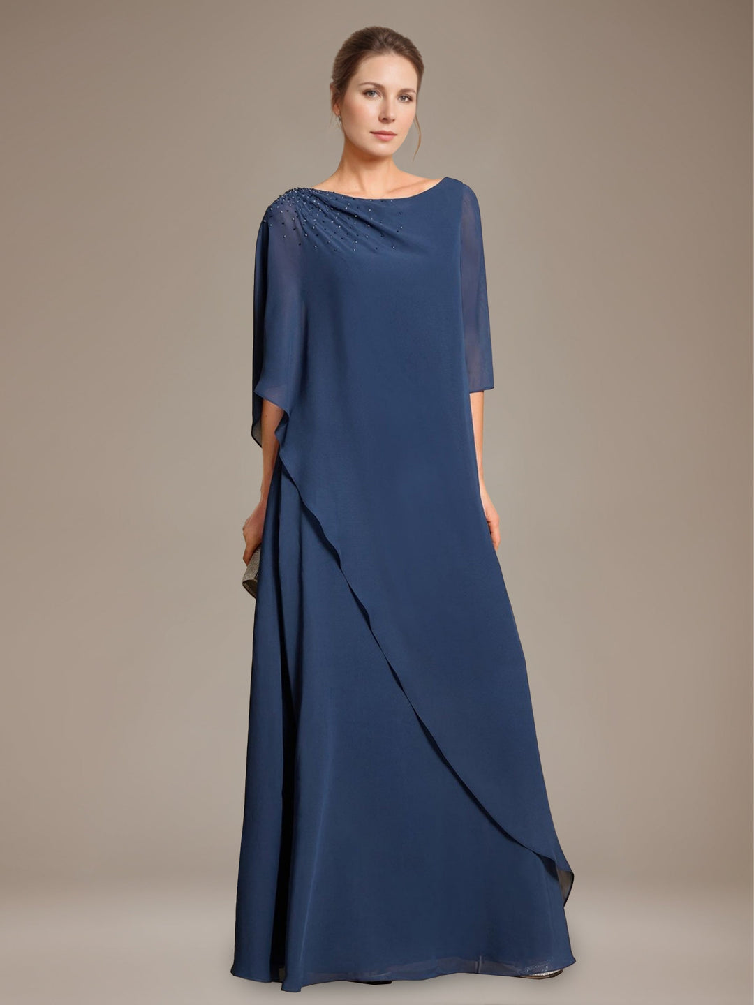 A-Line/Princess Scoop Cape Sleeves Floor-Length Pleated Mother of the Bride Dress with Beads & Ruffles
