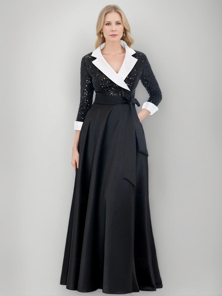 A-Line/Princess Shirt Collar 3/4 Sleeves Floor-Length Mother of the Bride Dresses with Sequins & Self-tie Sash & Pocket 