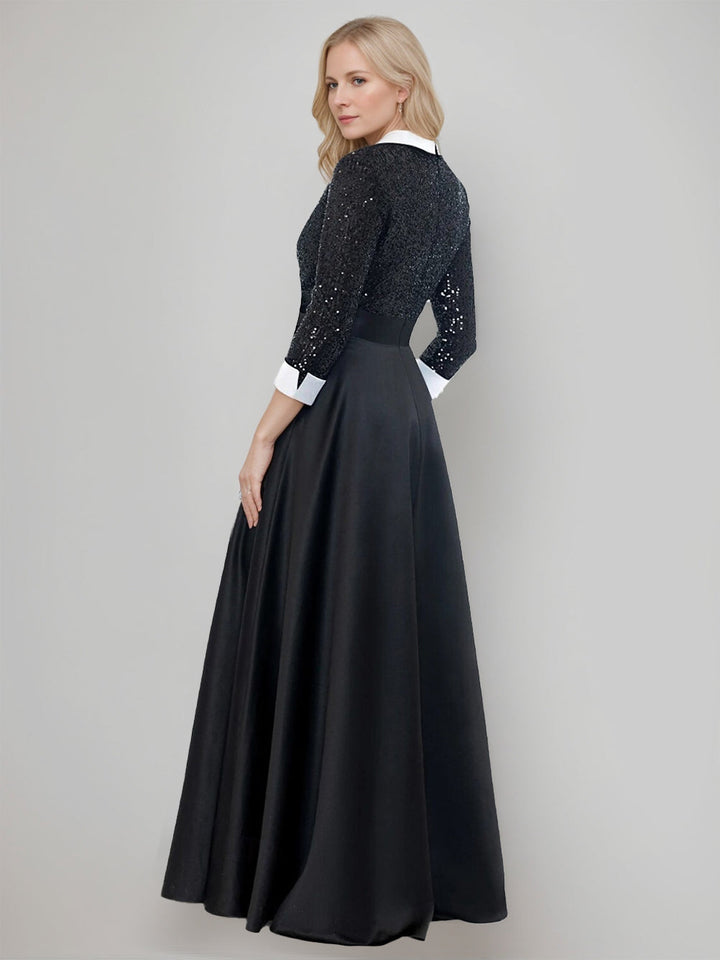 A-Line/Princess Shirt Collar 3/4 Sleeves Floor-Length Mother of the Bride Dresses with Sequins & Self-tie Sash & Pocket 