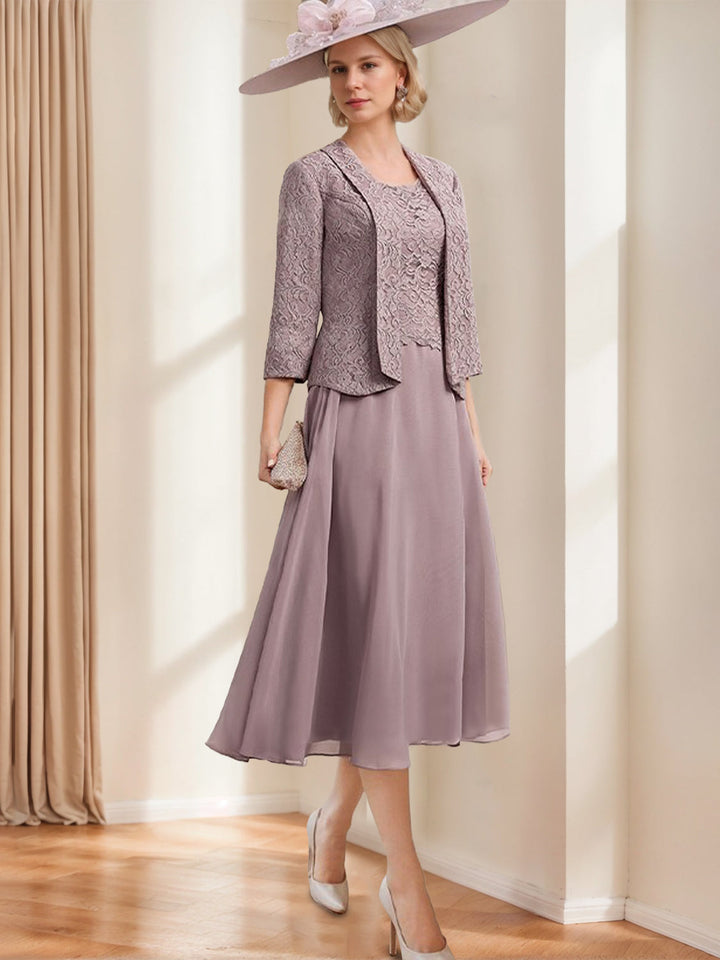 A-Line/Princess Scoop Sleeveless Tea-Length Mother of the Bride Dresses with Jacket & Lace Appliques