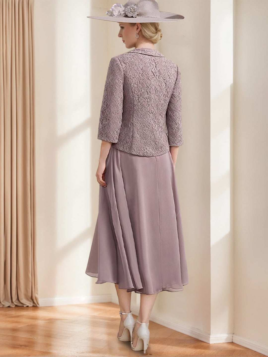 A-Line/Princess Scoop Sleeveless Tea-Length Mother of the Bride Dresses with Jacket & Lace Appliques