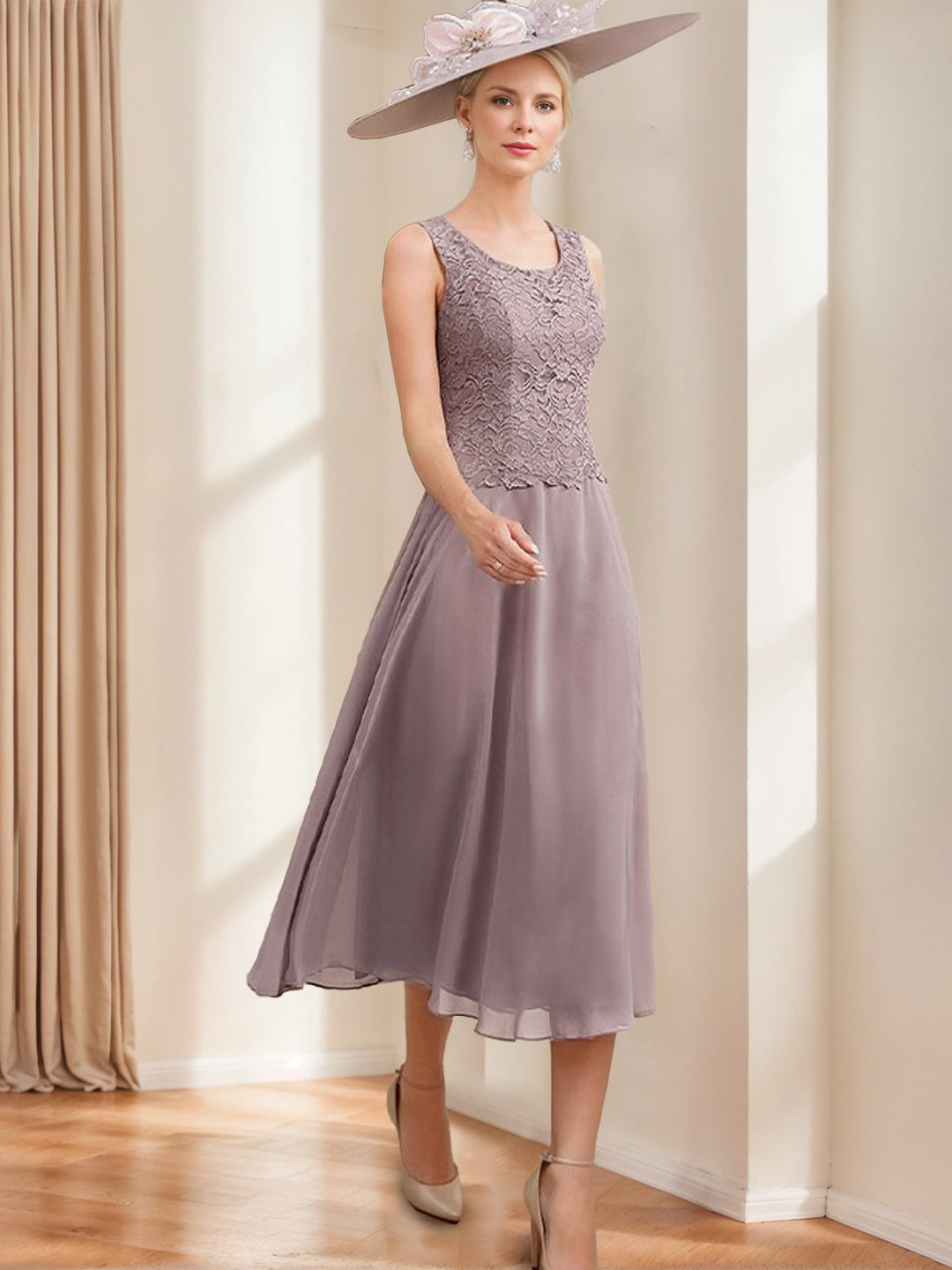 A-Line/Princess Scoop Sleeveless Tea-Length Mother of the Bride Dresses with Jacket & Lace Appliques