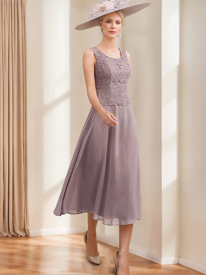 A-Line/Princess Scoop Sleeveless Tea-Length Mother of the Bride Dresses with Jacket & Lace Appliques