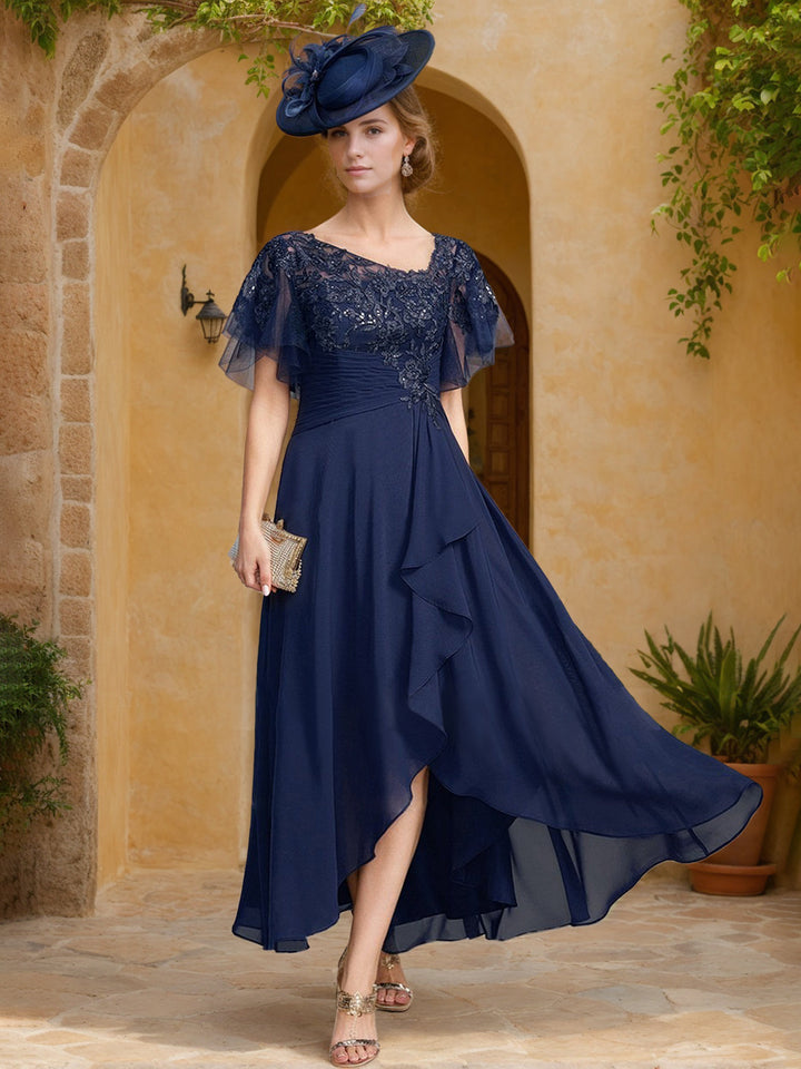 A-Line/Princess Asymmetrical Neckline Short Sleeves Asymmetrical Mother of the Bride Dresses with Ruffles & Lace Appliques