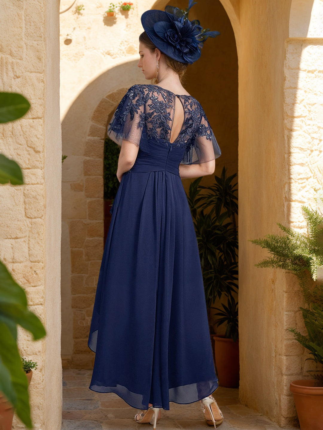 A-Line/Princess Asymmetrical Neckline Short Sleeves Asymmetrical Mother of the Bride Dresses with Ruffles & Lace Appliques