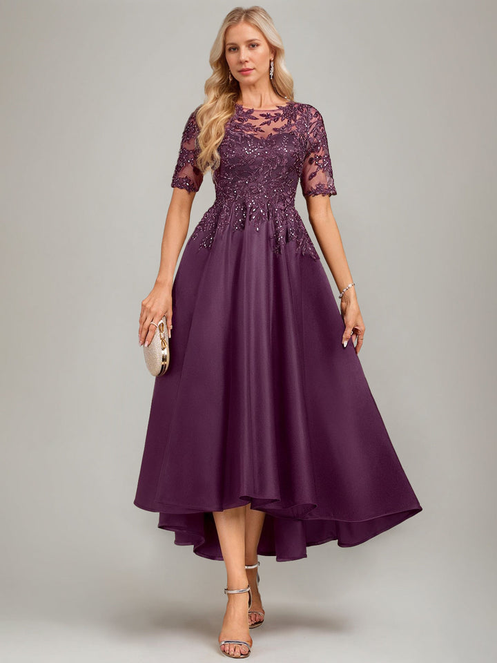 A-Line/Princess Scoop Short Sleeves Asymmetrical Pleated Mother of the Bride Dresses with Lace Appliques & Sequins