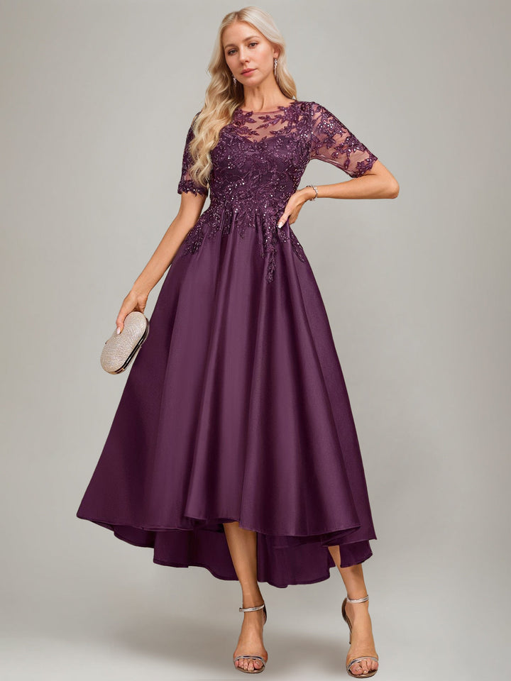 A-Line/Princess Scoop Short Sleeves Asymmetrical Pleated Mother of the Bride Dresses with Lace Appliques & Sequins