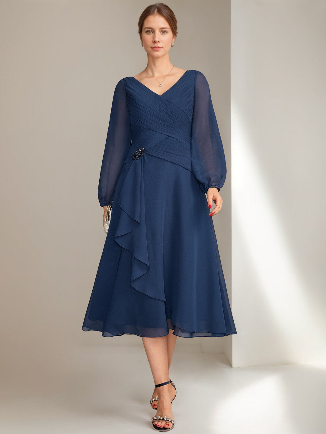A-Line/Princess V-Neck Long Sleeves Tea-Length Ruched Mother of the Bride Dresses with Ruffles & Jewel Appliques