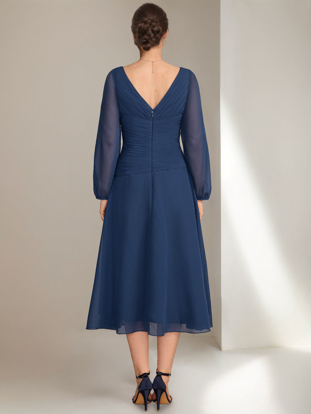 A-Line/Princess V-Neck Long Sleeves Tea-Length Ruched Mother of the Bride Dresses with Ruffles & Jewel Appliques