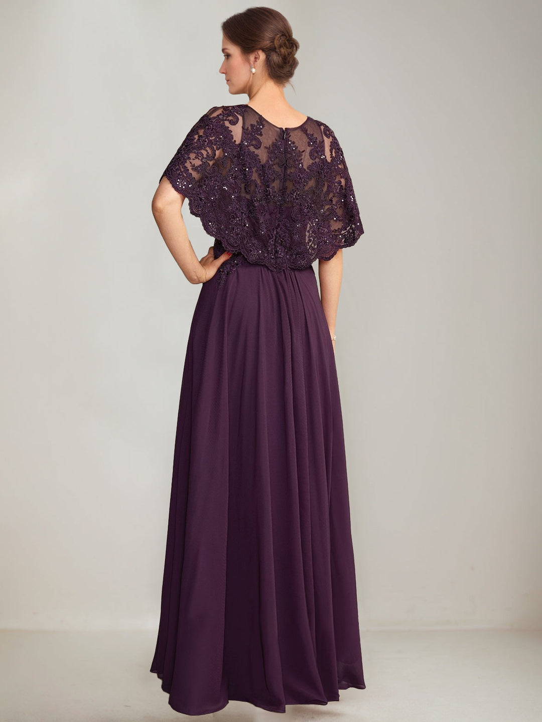 A-Line/Princess Scoop Cape Sleeves Floor-Length Pleated Mother of the Bride Dresses with Lace Appliques & Sequins