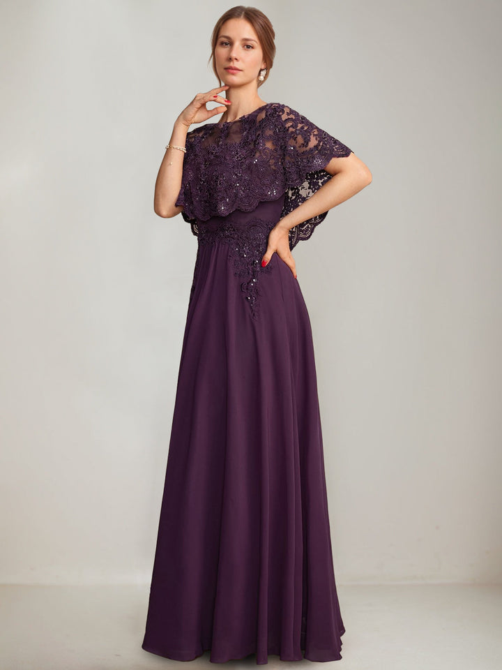 A-Line/Princess Scoop Cape Sleeves Floor-Length Pleated Mother of the Bride Dresses with Lace Appliques & Sequins