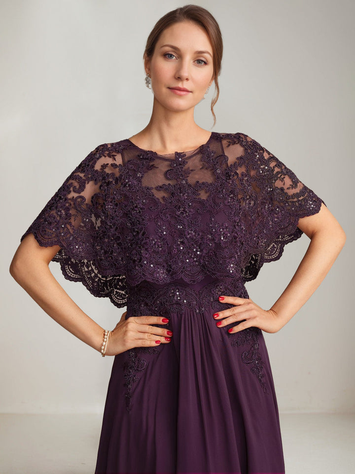 A-Line/Princess Scoop Cape Sleeves Floor-Length Pleated Mother of the Bride Dresses with Lace Appliques & Sequins