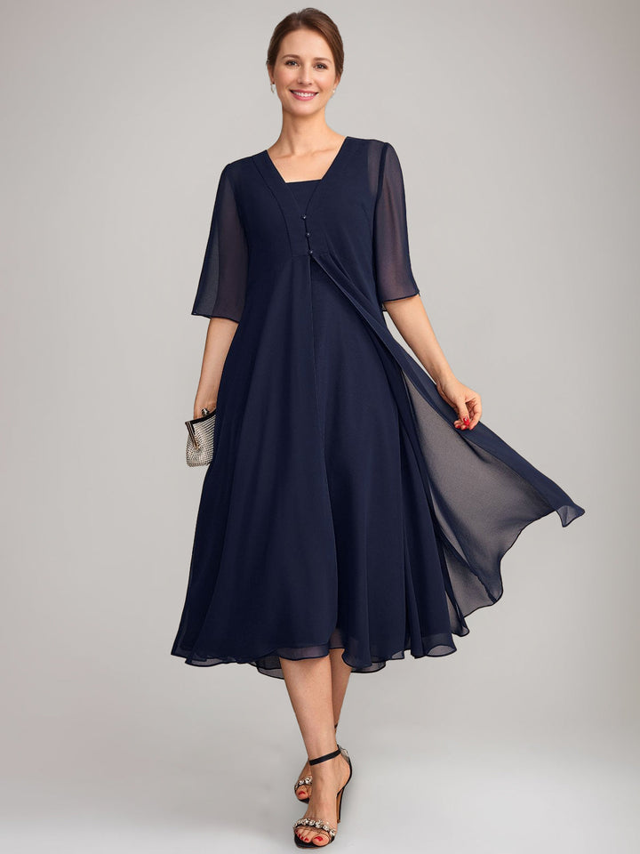 A-Line/Princess Square Neck Sleeveless Tea-Length Mother of the Bride Dresses with Long Jacket