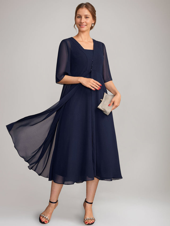 A-Line/Princess Square Neck Sleeveless Tea-Length Mother of the Bride Dresses with Long Jacket