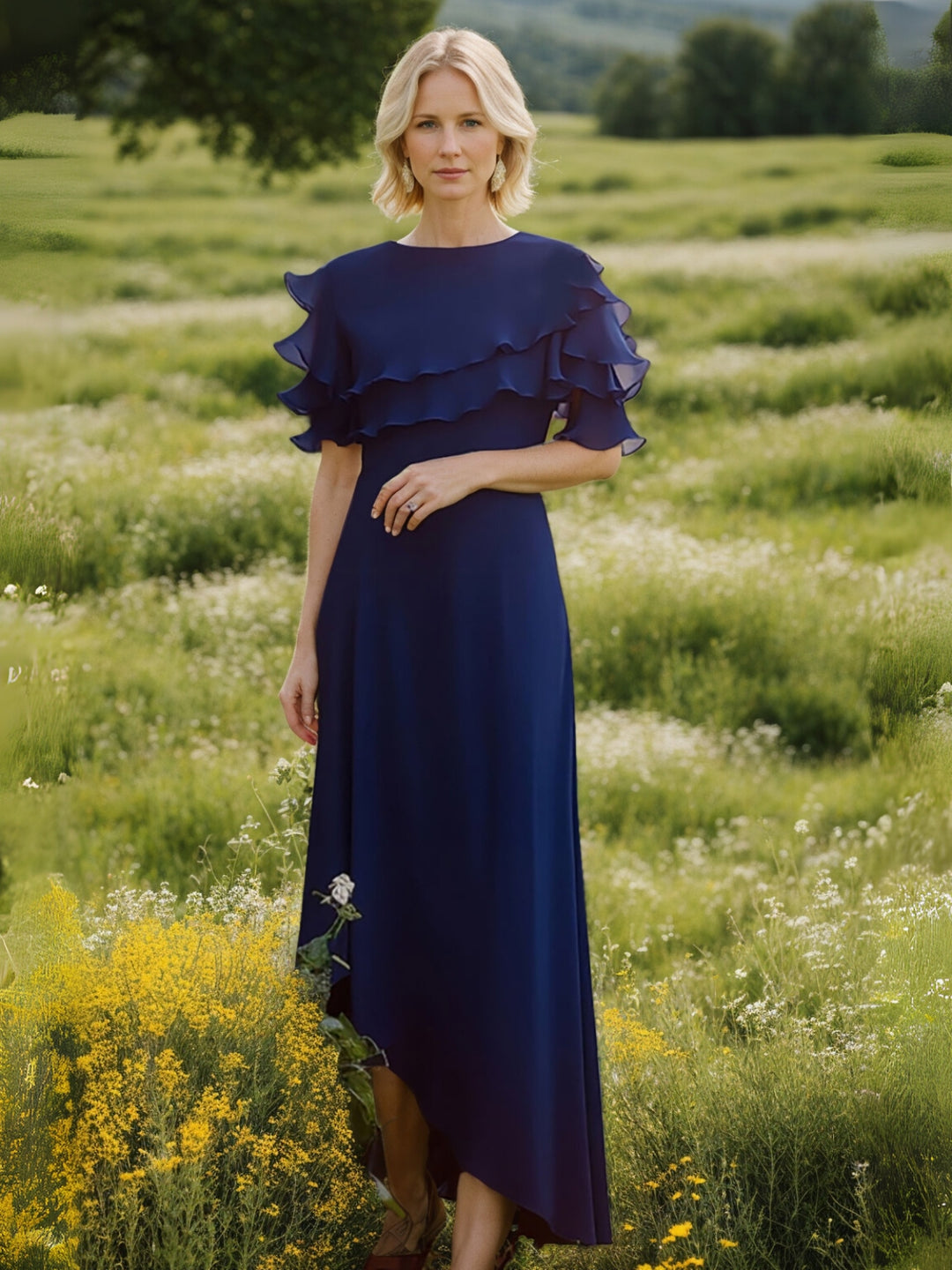 Sheath/Column Scoop Tea-Length Short Sleeves Asymmetrical  Mother of the Bride Dresses with Ruffles