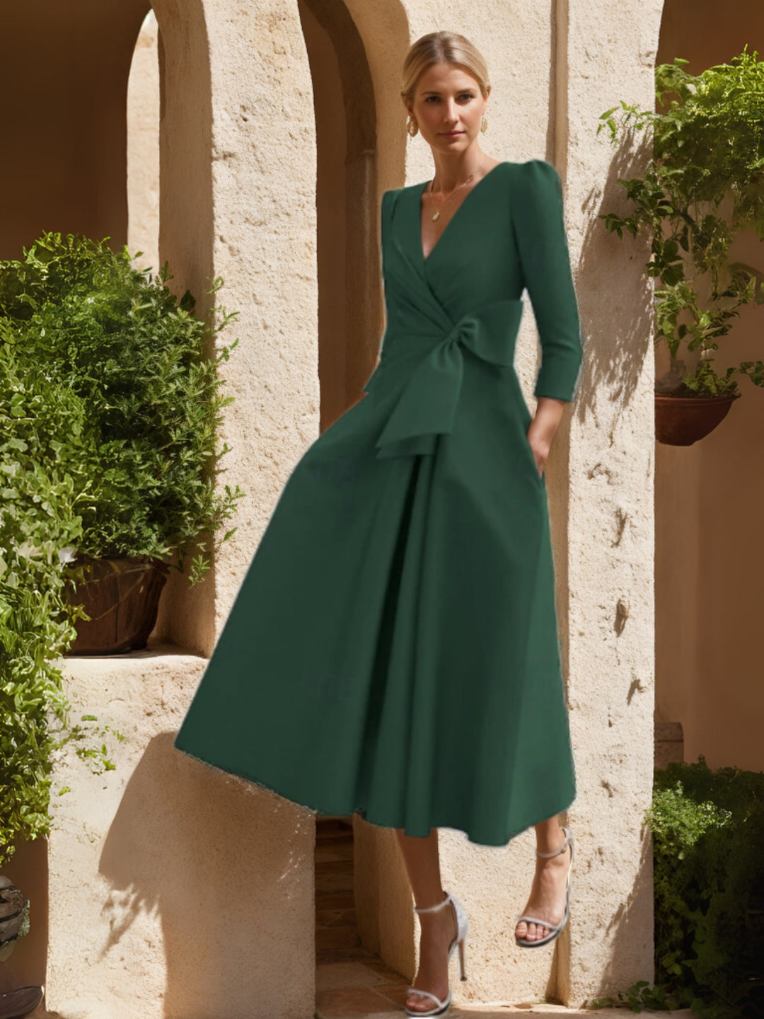 A-Line/Princess V-Neck 3/4 Sleeves Ankle-Length Mother of the Bride Dresses With Ruffles & Bowknot