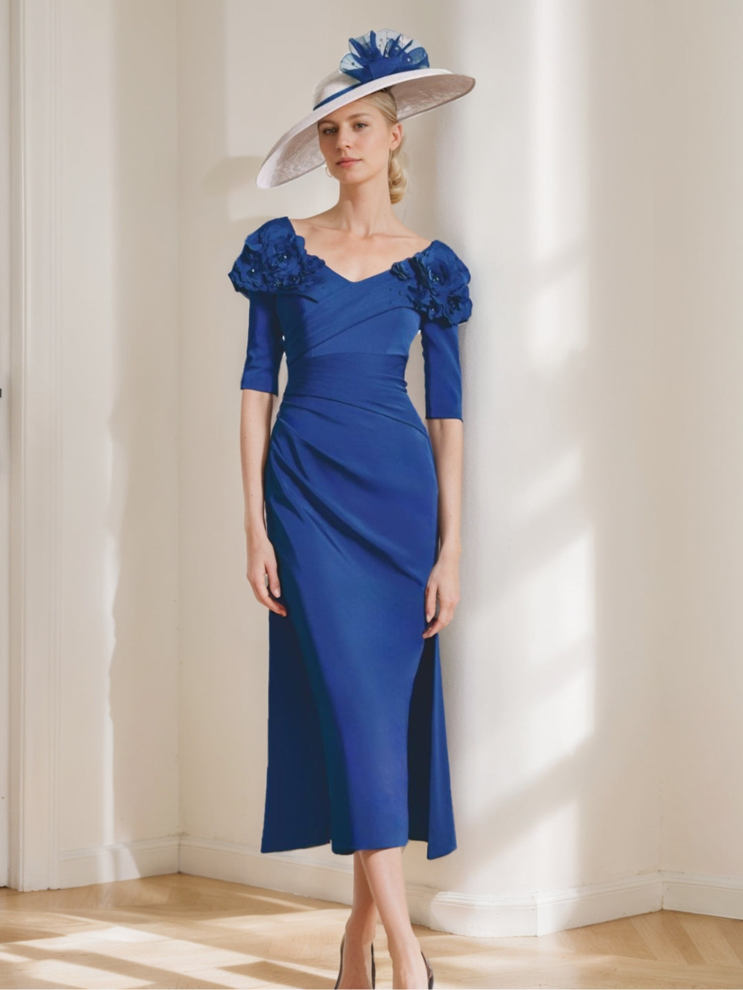 Sheath/Column Sweetheart Tea-Length Half Sleeves Mother of the Bride Dresses with 3D Flower