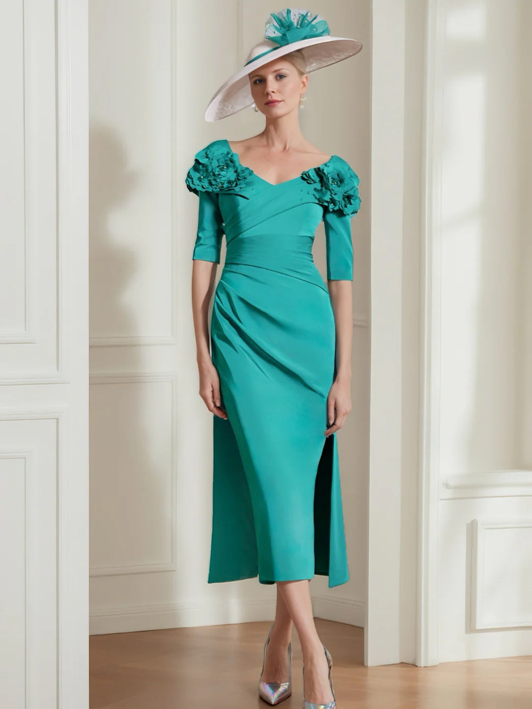 Sheath/Column Sweetheart Tea-Length Half Sleeves Mother of the Bride Dresses with 3D Flower